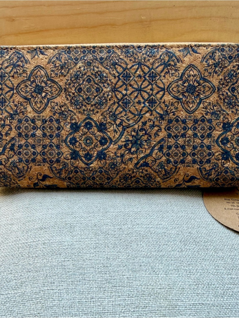 *NEW* Portugal Cork Zip Wallet in Natural Brown with Navy Motif - Picture 2 of 15